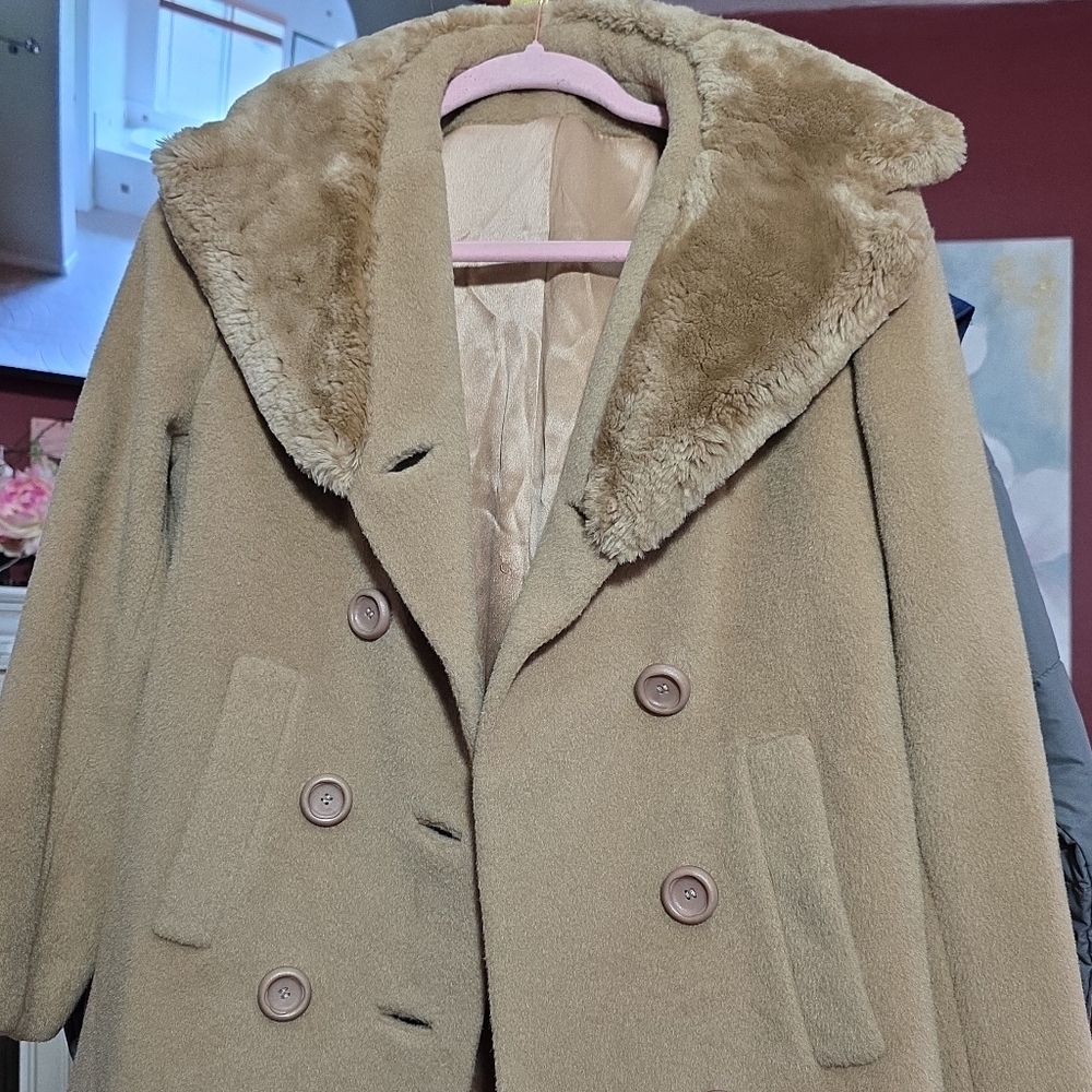 Vintage‎ 1960s Tan Wool Coat Faux Fur Collar Sz Small - Picture 2 of 7